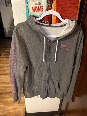 Under Armour Gray Hoodie with Pink Logo and Sleeve Text
